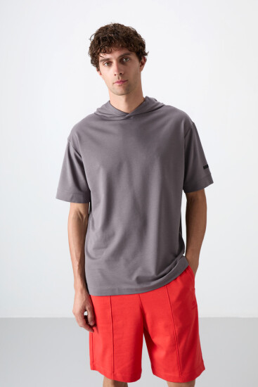 Koyu Gri Pamuklu Kalın Yumuşak Dokulu Oversize Fit Basic Erkek T-Shirt - 88352 