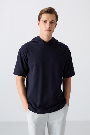 Lacivert Pamuklu Kalın Yumuşak Dokulu Oversize Fit Basic Erkek T-Shirt - 88352 
