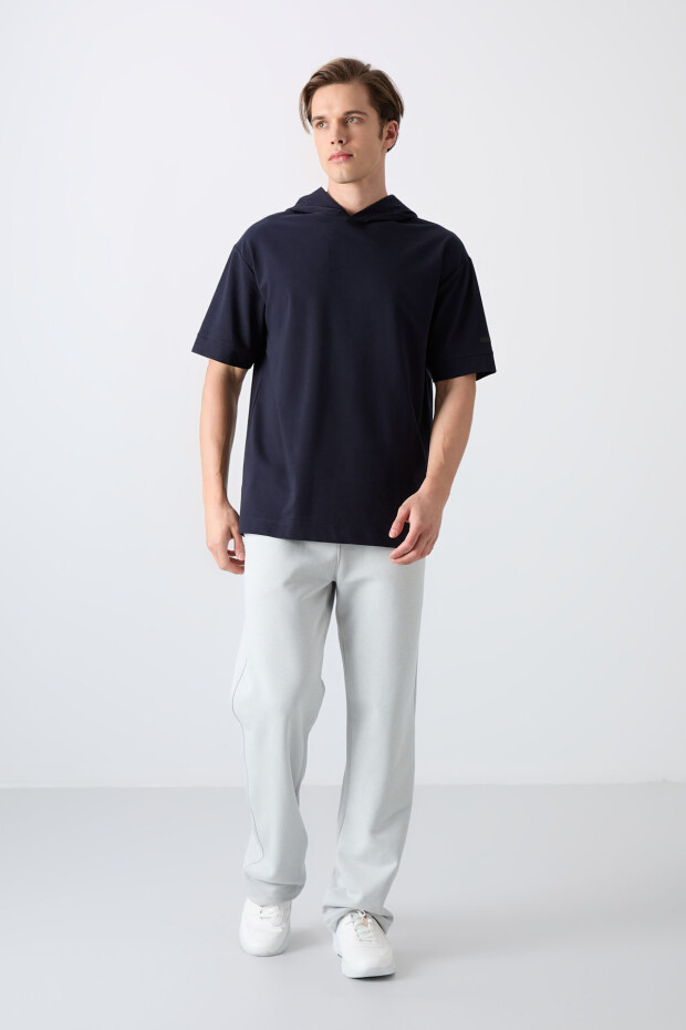 Lacivert Pamuklu Kalın Yumuşak Dokulu Oversize Fit Basic Erkek T-Shirt - 88352