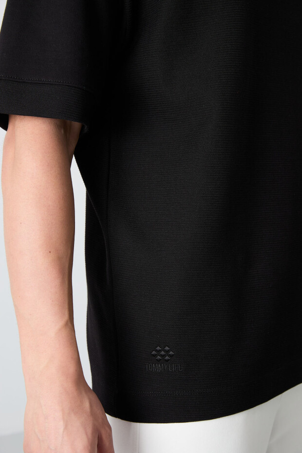 Siyah Pamuklu Kalın Yüzeyi Dokulu Oversize Fit Basic Erkek T-Shirt - 88335 - 5