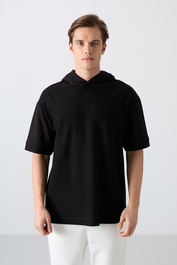 Siyah Pamuklu Kalın Yüzeyi Dokulu Oversize Fit Basic Erkek T-Shirt - 88335