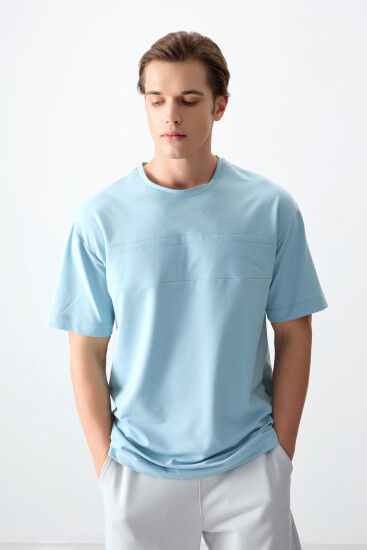 Açık Mavi Pamuklu Kalın Yumuşak Dokulu Oversize Fit Basic Erkek T-Shirt - 88378 - Air Jones (1)