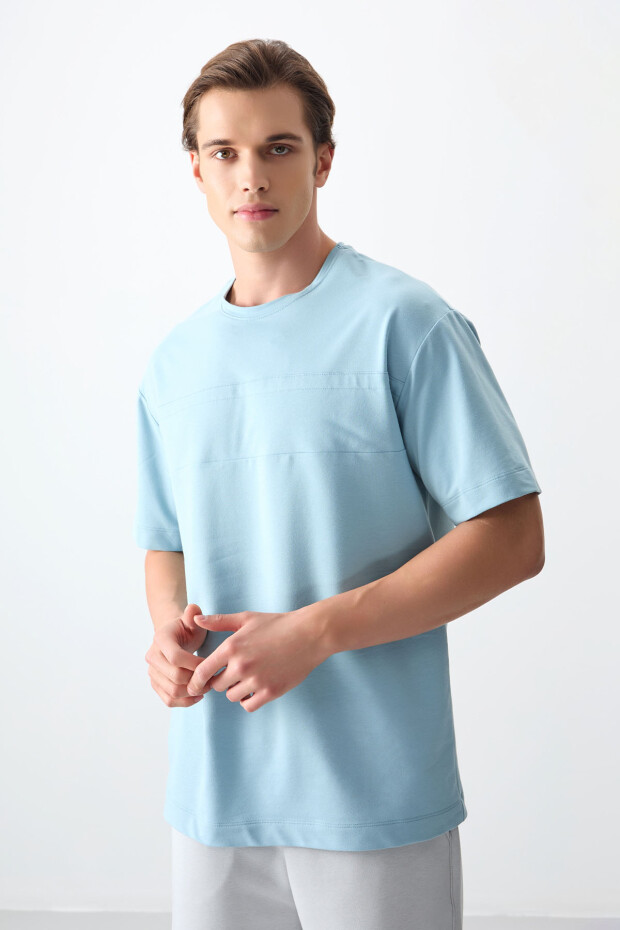 Açık Mavi Pamuklu Kalın Yumuşak Dokulu Oversize Fit Basic Erkek T-Shirt - 88378