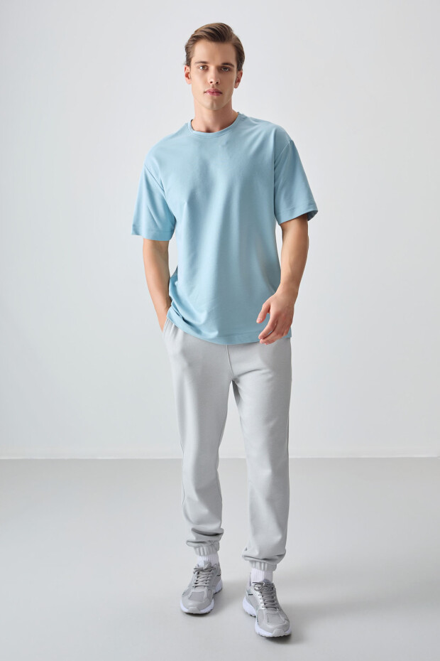 Açık Mavi Pamuklu Kalın Yumuşak Dokulu Oversize Fit Basic Erkek T-Shirt - 88377 - 5
