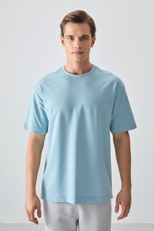 Açık Mavi Pamuklu Kalın Yumuşak Dokulu Oversize Fit Basic Erkek T-Shirt - 88377 - 4