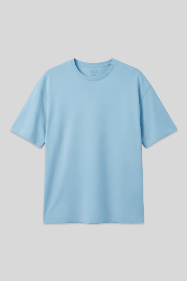 Açık Mavi Pamuklu Kalın Yumuşak Dokulu Oversize Fit Basic Erkek T-Shirt - 88377 - 1