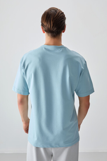 Açık Mavi Pamuklu Kalın Yumuşak Dokulu Oversize Fit Basic Erkek T-Shirt - 88377 - Thumbnail