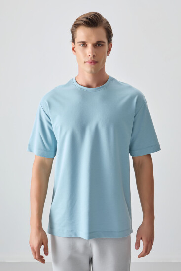 Açık Mavi Pamuklu Kalın Yumuşak Dokulu Oversize Fit Basic Erkek T-Shirt - 88377 - Thumbnail