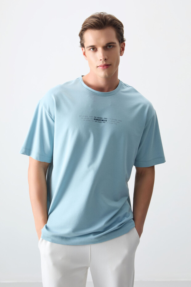 Açık Mavi Pamuklu Kalın Yumuşak Dokulu Oversize Fit Baskılı Erkek T-Shirt - 88374
