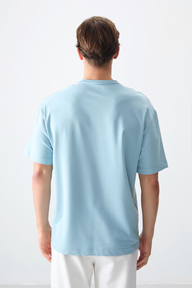 Açık Mavi Pamuklu Kalın Yumuşak Dokulu Oversize Fit Baskılı Erkek T-Shirt - 88374