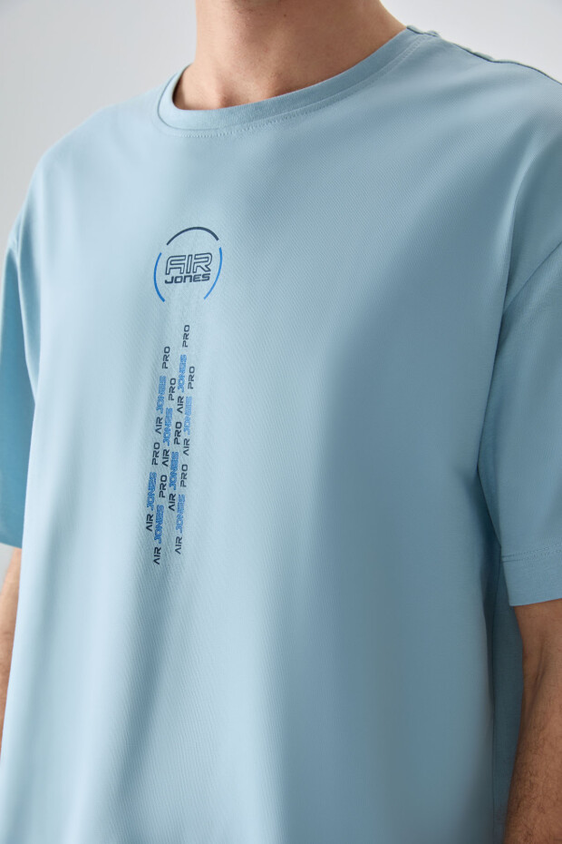Açık Mavi %100 Pamuk Kalın Yumuşak Dokulu Oversize Fit Baskılı Erkek T-Shirt - 88355 - 3