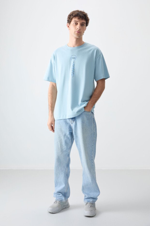 Açık Mavi %100 Pamuk Kalın Yumuşak Dokulu Oversize Fit Baskılı Erkek T-Shirt - 88355 - 4