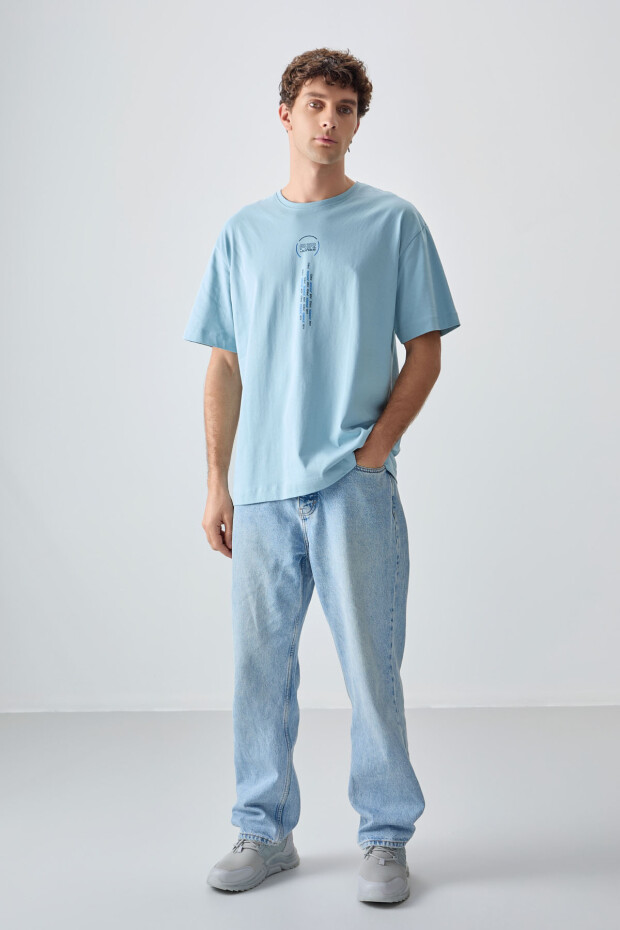 Açık Mavi %100 Pamuk Kalın Yumuşak Dokulu Oversize Fit Baskılı Erkek T-Shirt - 88355