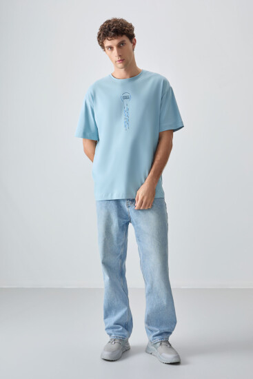 Açık Mavi %100 Pamuk Kalın Yumuşak Dokulu Oversize Fit Baskılı Erkek T-Shirt - 88355 - Thumbnail