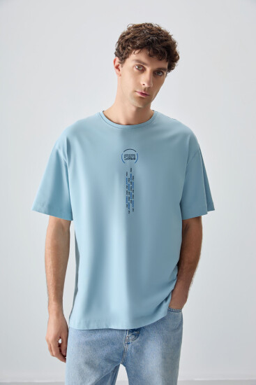 Açık Mavi %100 Pamuk Kalın Yumuşak Dokulu Oversize Fit Baskılı Erkek T-Shirt - 88355 - Thumbnail