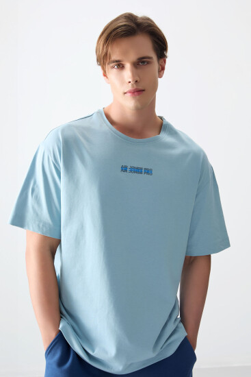 Açık Mavi %100 Pamuk Kalın Yumuşak Dokulu Oversize Fit Baskılı Erkek T-Shirt - 88354 