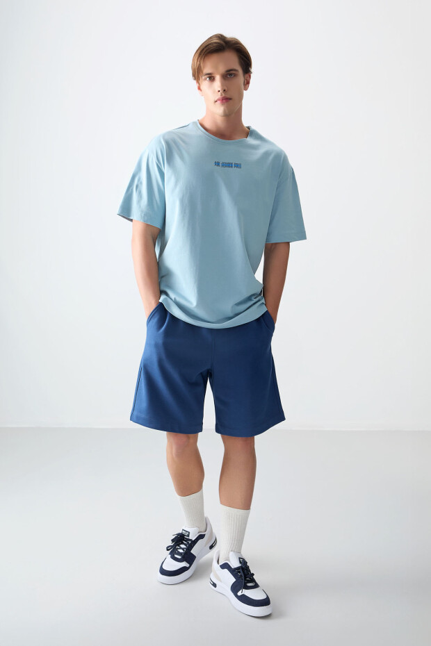 Açık Mavi %100 Pamuk Kalın Yumuşak Dokulu Oversize Fit Baskılı Erkek T-Shirt - 88354 - 2