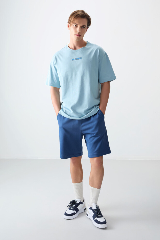 Açık Mavi %100 Pamuk Kalın Yumuşak Dokulu Oversize Fit Baskılı Erkek T-Shirt - 88354 - 5