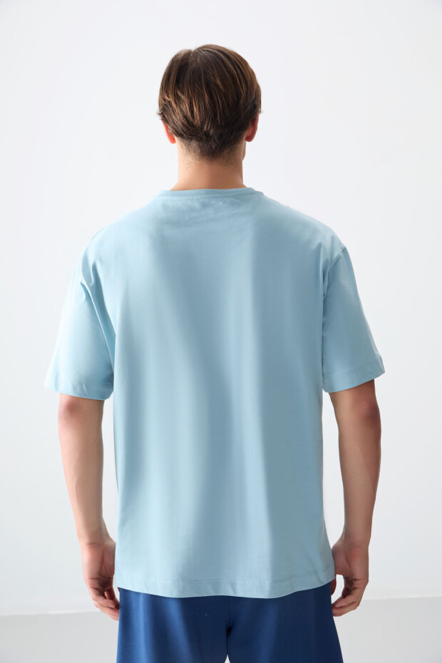 Açık Mavi %100 Pamuk Kalın Yumuşak Dokulu Oversize Fit Baskılı Erkek T-Shirt - 88354