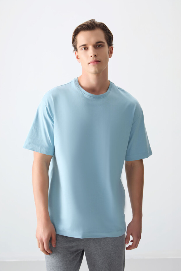 Açık Mavi %100 Pamuk Kalın Yumuşak Dokulu Oversize Fit Basic Erkek T-Shirt - 88353 - 4