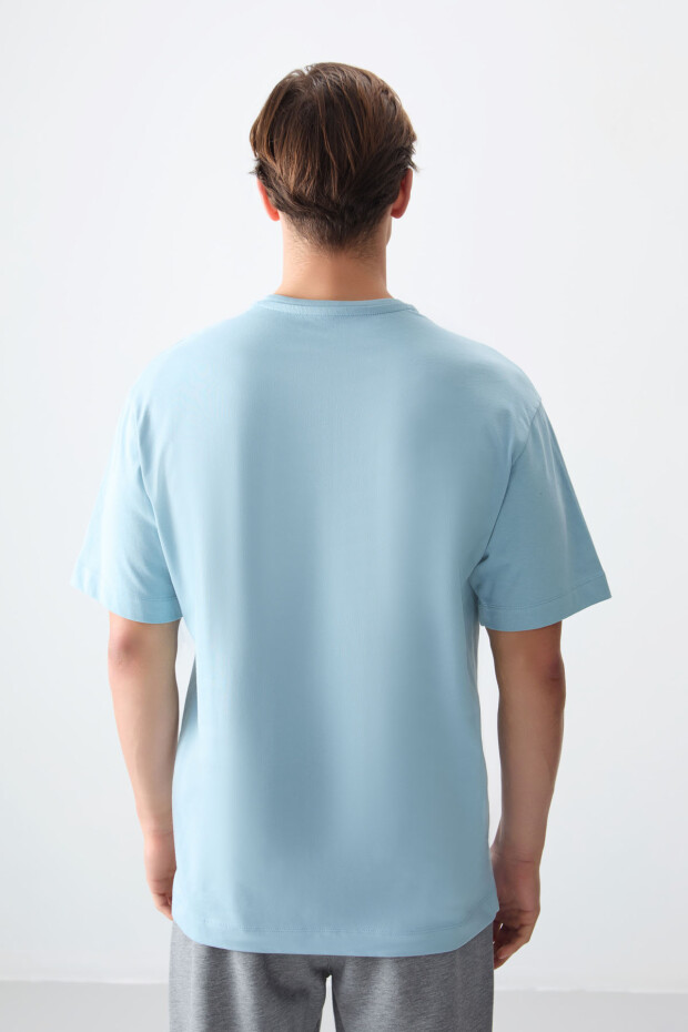 Açık Mavi %100 Pamuk Kalın Yumuşak Dokulu Oversize Fit Basic Erkek T-Shirt - 88353 - 6