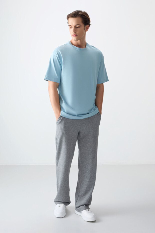 Açık Mavi %100 Pamuk Kalın Yumuşak Dokulu Oversize Fit Basic Erkek T-Shirt - 88353