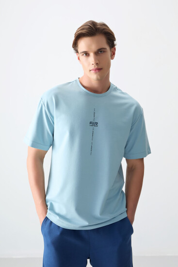 Açık Mavi Pamuklu Kalın Yumuşak Dokulu Oversize Fit Baskılı Erkek T-Shirt - 88373 