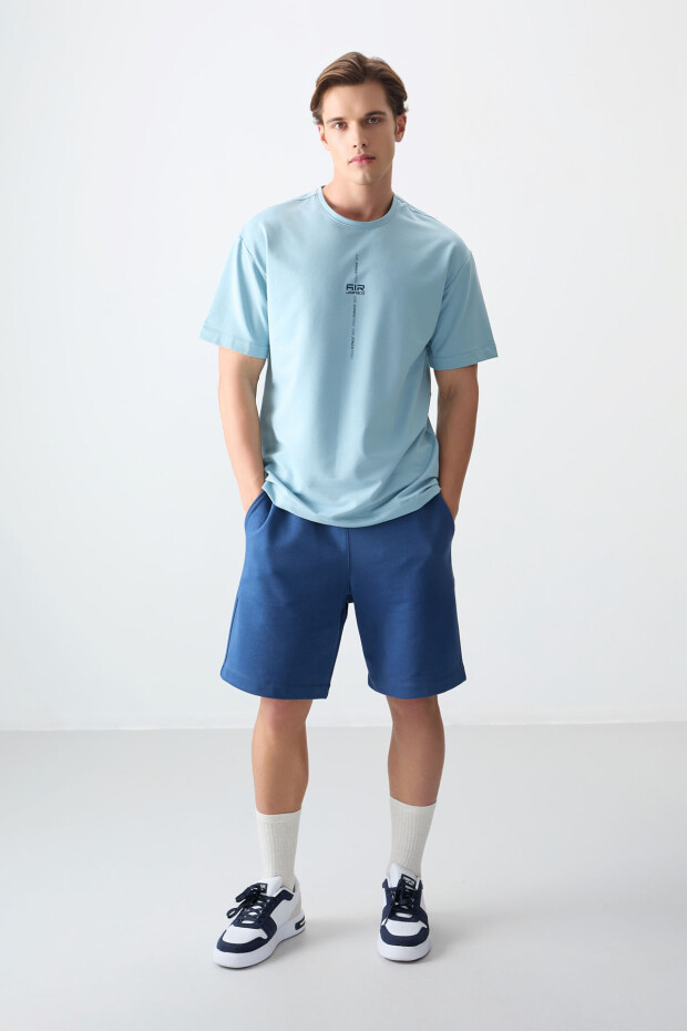 Açık Mavi Pamuklu Kalın Yumuşak Dokulu Oversize Fit Baskılı Erkek T-Shirt - 88373 - 2