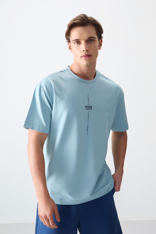 Açık Mavi Pamuklu Kalın Yumuşak Dokulu Oversize Fit Baskılı Erkek T-Shirt - 88373 - 5