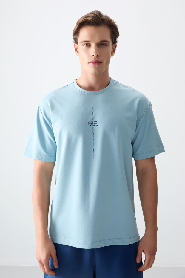 Açık Mavi Pamuklu Kalın Yumuşak Dokulu Oversize Fit Baskılı Erkek T-Shirt - 88373