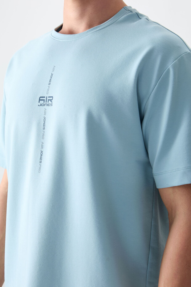 Açık Mavi Pamuklu Kalın Yumuşak Dokulu Oversize Fit Baskılı Erkek T-Shirt - 88373