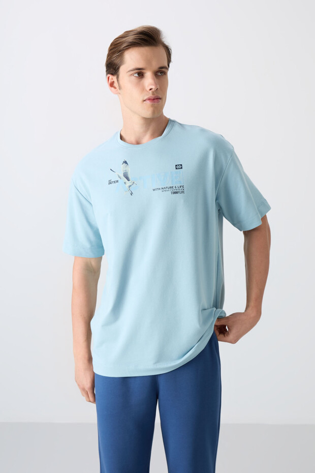 Açık Mavi Pamuklu Kalın Yumuşak Dokulu Oversize Fit Baskılı Erkek T-Shirt - 88344