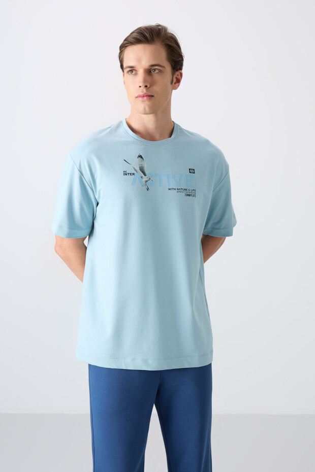 Açık Mavi Pamuklu Kalın Yumuşak Dokulu Oversize Fit Baskılı Erkek T-Shirt - 88344