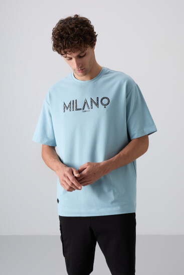 Açık Mavi Pamuklu Kalın Yumuşak Dokulu Oversize Fit Baskılı Erkek T-Shirt - 88345 