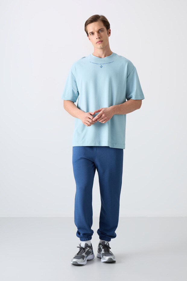 Açık Mavi Pamuklu Kalın Yumuşak Dokulu Oversize Fit Baskılı Erkek T-Shirt - 88343