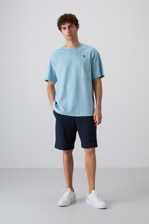Açık Mavi Pamuklu Kalın Yüzeyi Dokulu Oversize Fit Baskılı Erkek T-Shirt - 88338