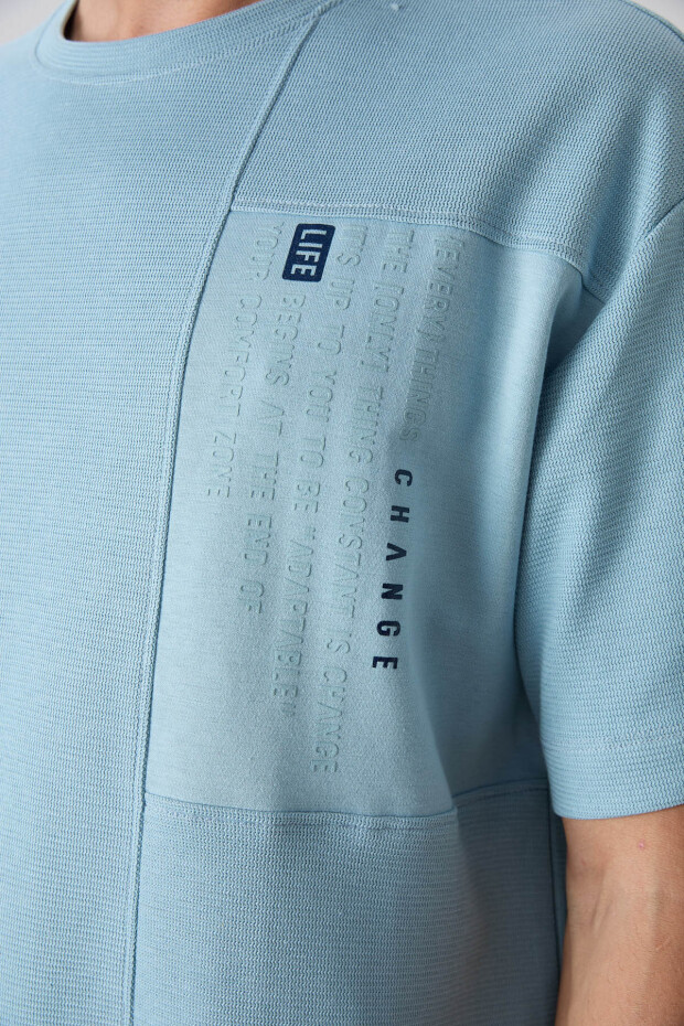 Açık Mavi Pamuklu Kalın Yüzeyi Dokulu Oversize Fit Baskılı Erkek T-Shirt - 88338