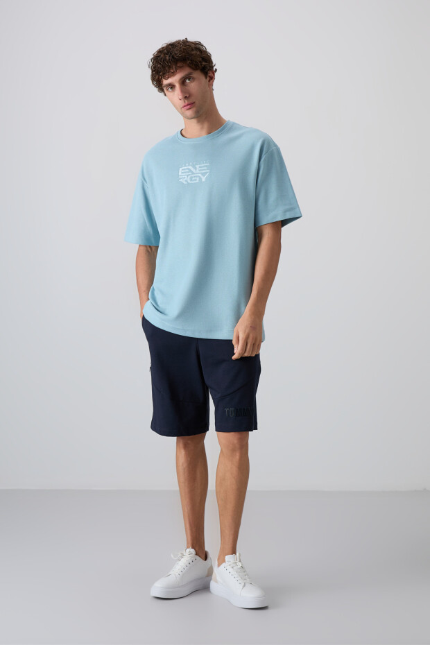 Açık Mavi Pamuklu Kalın Yüzeyi Dokulu Oversize Fit Baskılı Erkek T-Shirt - 88336