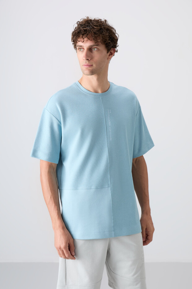 Açık Mavi Pamuklu Kalın Yüzeyi Dokulu Oversize Fit Basic Erkek T-Shirt - 88337 - 2