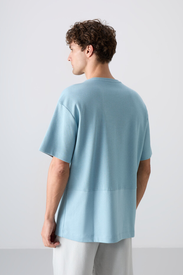 Açık Mavi Pamuklu Kalın Yüzeyi Dokulu Oversize Fit Basic Erkek T-Shirt - 88337 - 4