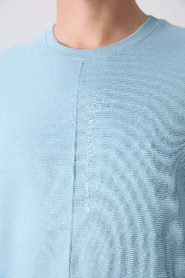 Açık Mavi Pamuklu Kalın Yüzeyi Dokulu Oversize Fit Basic Erkek T-Shirt - 88337 - 5