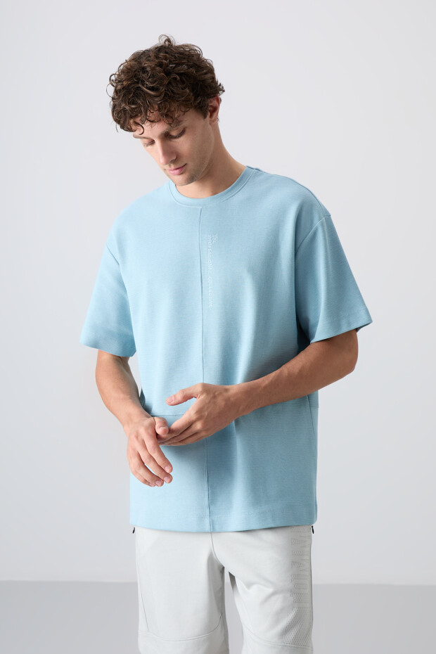 Açık Mavi Pamuklu Kalın Yüzeyi Dokulu Oversize Fit Basic Erkek T-Shirt - 88337