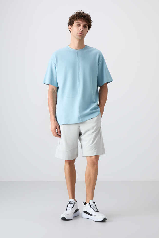 Açık Mavi Pamuklu Kalın Yüzeyi Dokulu Oversize Fit Basic Erkek T-Shirt - 88337