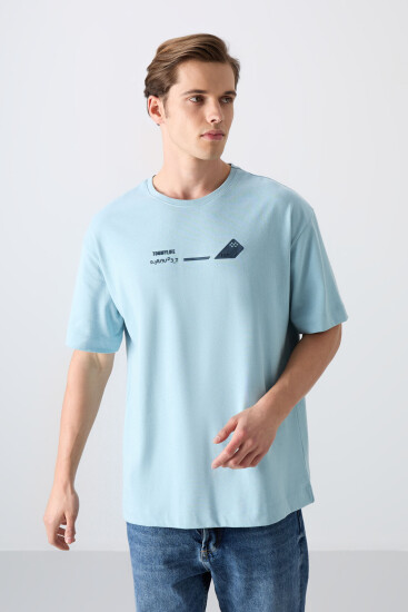Açık Mavi Pamuklu Kalın Yumuşak Dokulu Oversize Fit Baskılı Erkek T-Shirt - 88330 