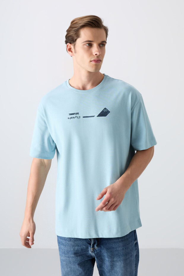 Açık Mavi Pamuklu Kalın Yumuşak Dokulu Oversize Fit Baskılı Erkek T-Shirt - 88330