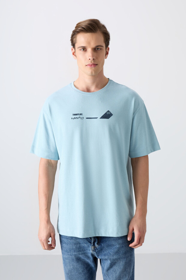 Açık Mavi Pamuklu Kalın Yumuşak Dokulu Oversize Fit Baskılı Erkek T-Shirt - 88330