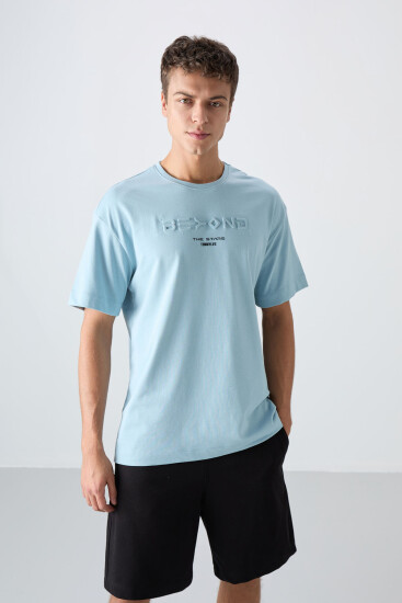 Açık Mavi Pamuklu Kalın Yumuşak Dokulu Oversize Fit Baskılı Erkek T-Shirt - 88328 