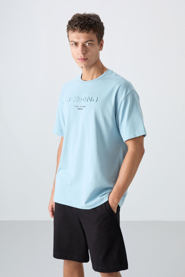Açık Mavi Pamuklu Kalın Yumuşak Dokulu Oversize Fit Baskılı Erkek T-Shirt - 88328