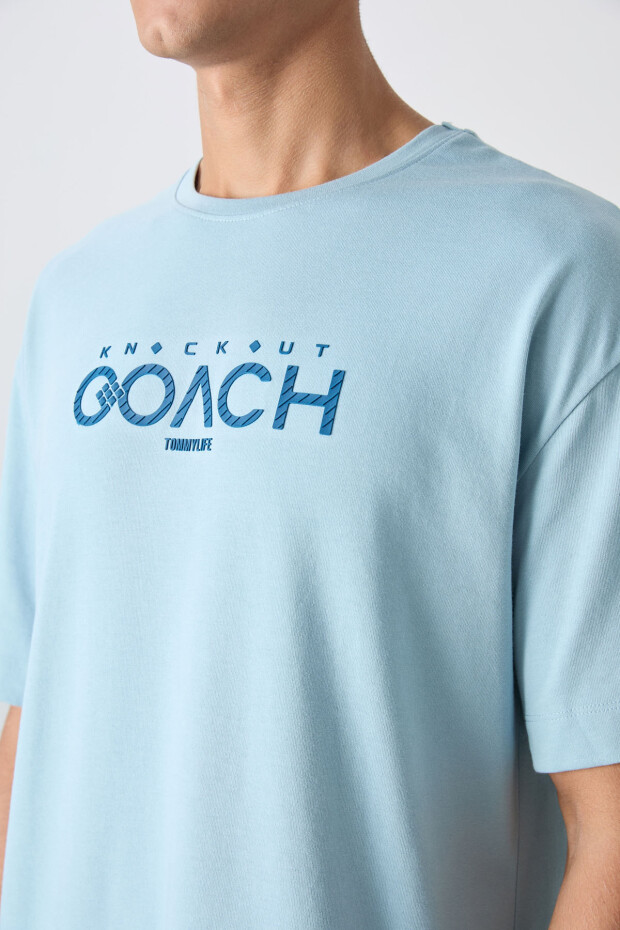 Açık Mavi Pamuklu Kalın Yumuşak Dokulu Oversize Fit Baskılı Erkek T-Shirt - 88329