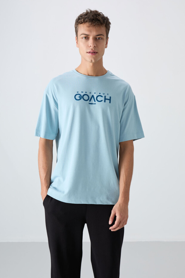 Açık Mavi Pamuklu Kalın Yumuşak Dokulu Oversize Fit Baskılı Erkek T-Shirt - 88329